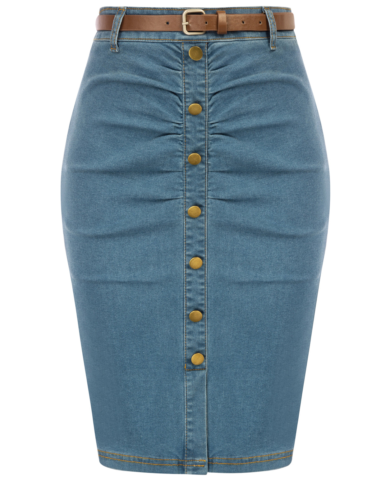 belle poque Vintage Jean Skirt with Belt High Waist Ruched Front Bodycon Skirt Blue