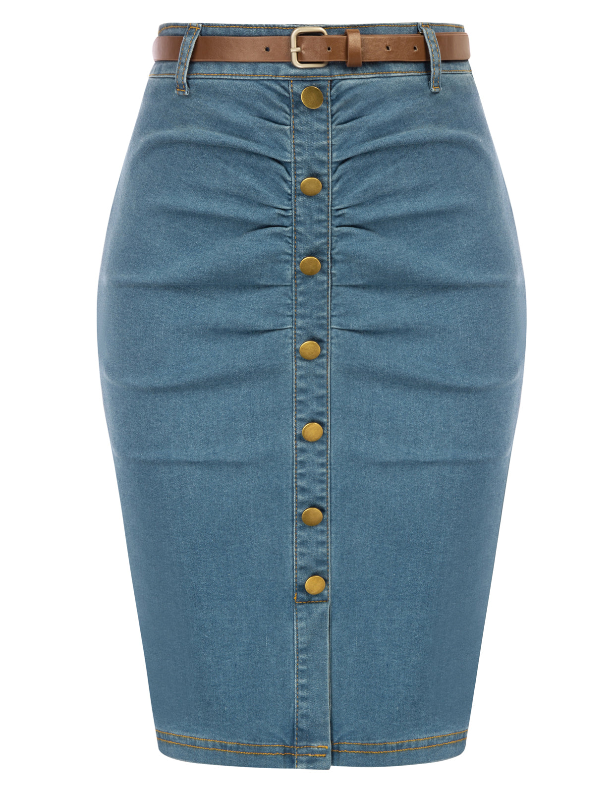 belle poque Vintage Jean Skirt with Belt High Waist Ruched Front Bodycon Skirt Blue