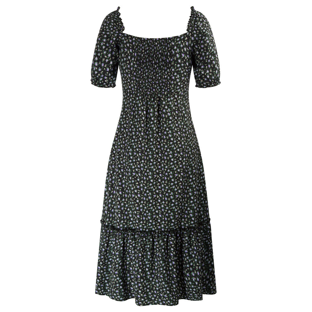 belle poque Floral Printed Two-Way Dress Short Sleeve Square Neck/Off Shoulder A-Line Dress