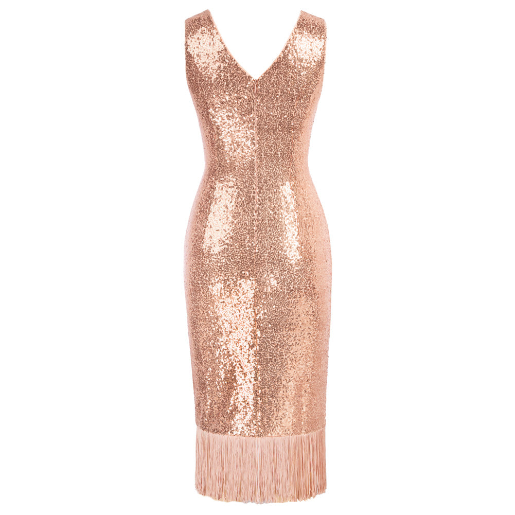 belle poque Seckill Offer⌛Sequined Sleeveless V-Neck Tassel Decorated Wrap Hem Party Dress