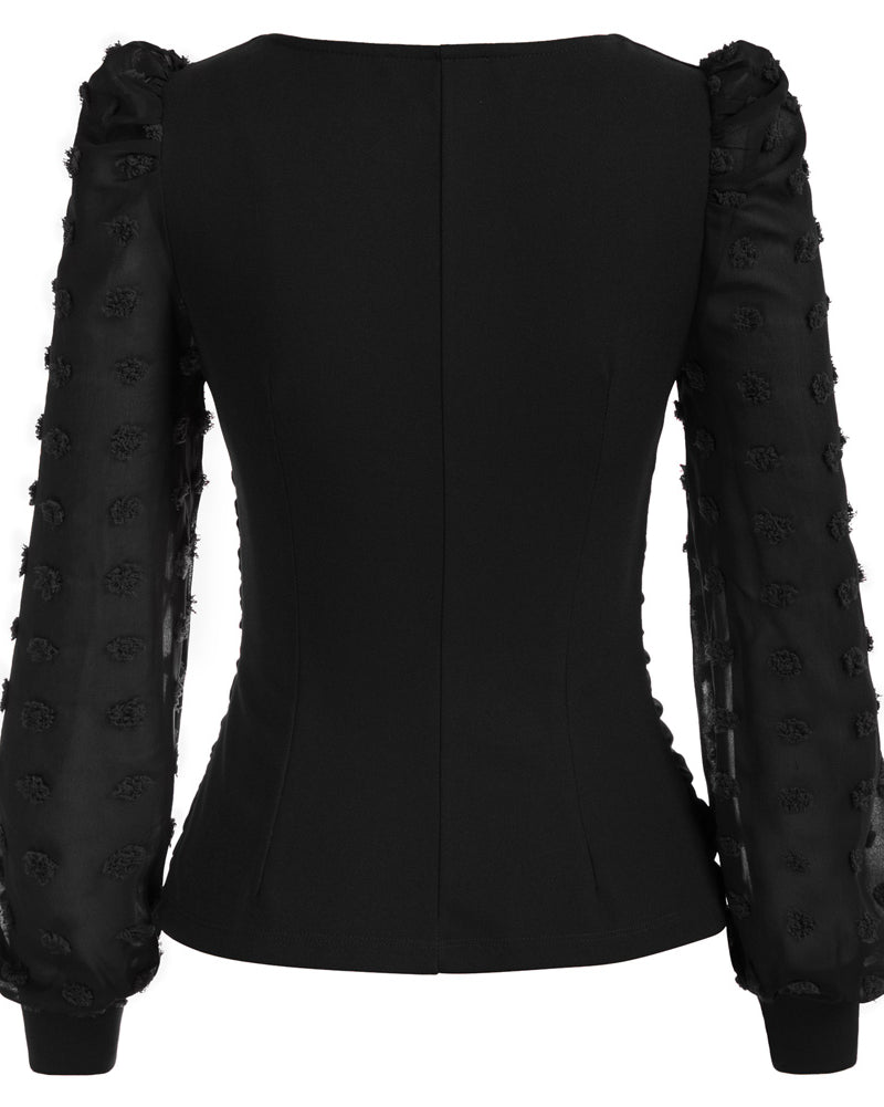 belle poque Seckill Offer⌛Vintage See-Through Patchwork Puffed Long Sleeve V-Neck Blouse