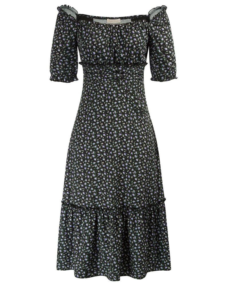 belle poque Floral Printed Two-Way Dress Short Sleeve Square Neck/Off Shoulder A-Line Dress