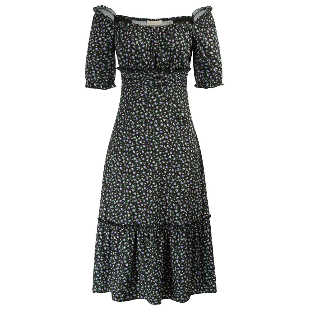 belle poque Floral Printed Two-Way Dress Short Sleeve Square Neck/Off Shoulder A-Line Dress