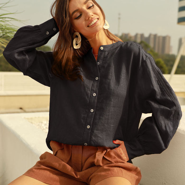 belle poque Frieeah Stand Collar Loose Fit Shirt Black