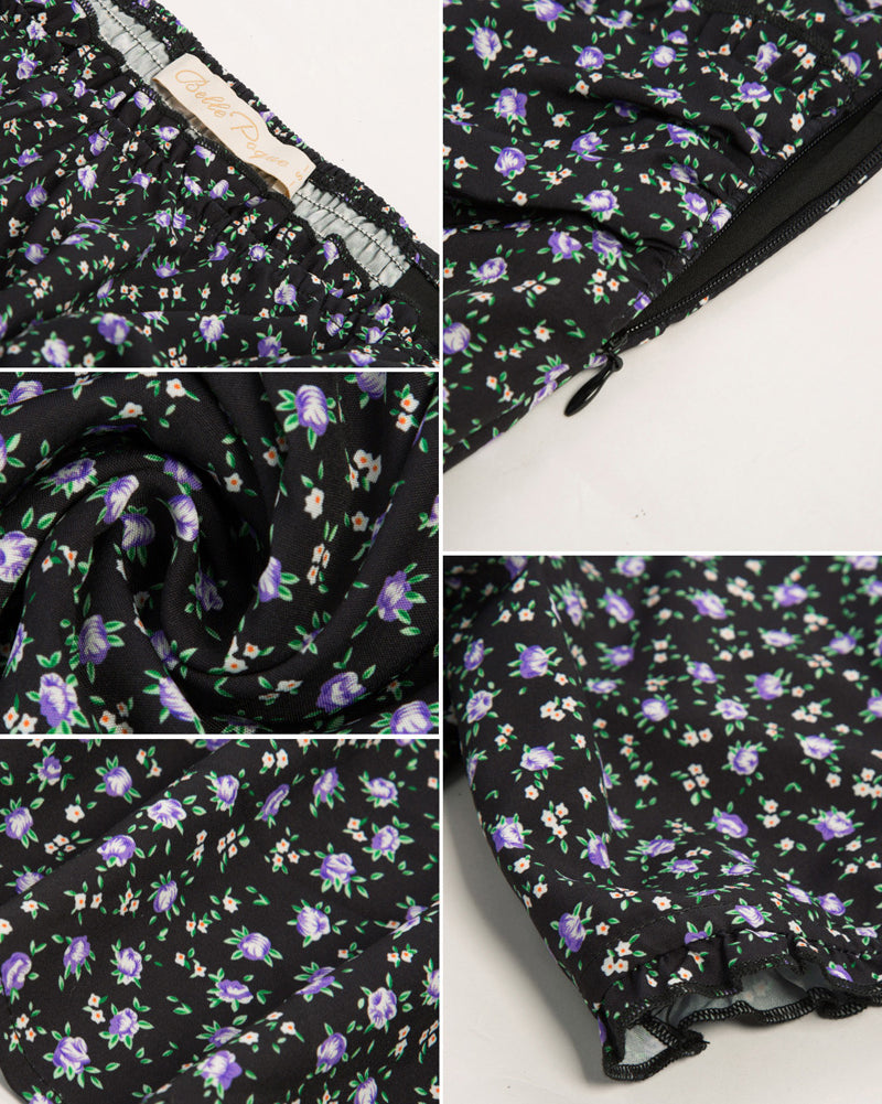 belle poque Floral Printed Two-Way Dress Short Sleeve Square Neck/Off Shoulder A-Line Dress