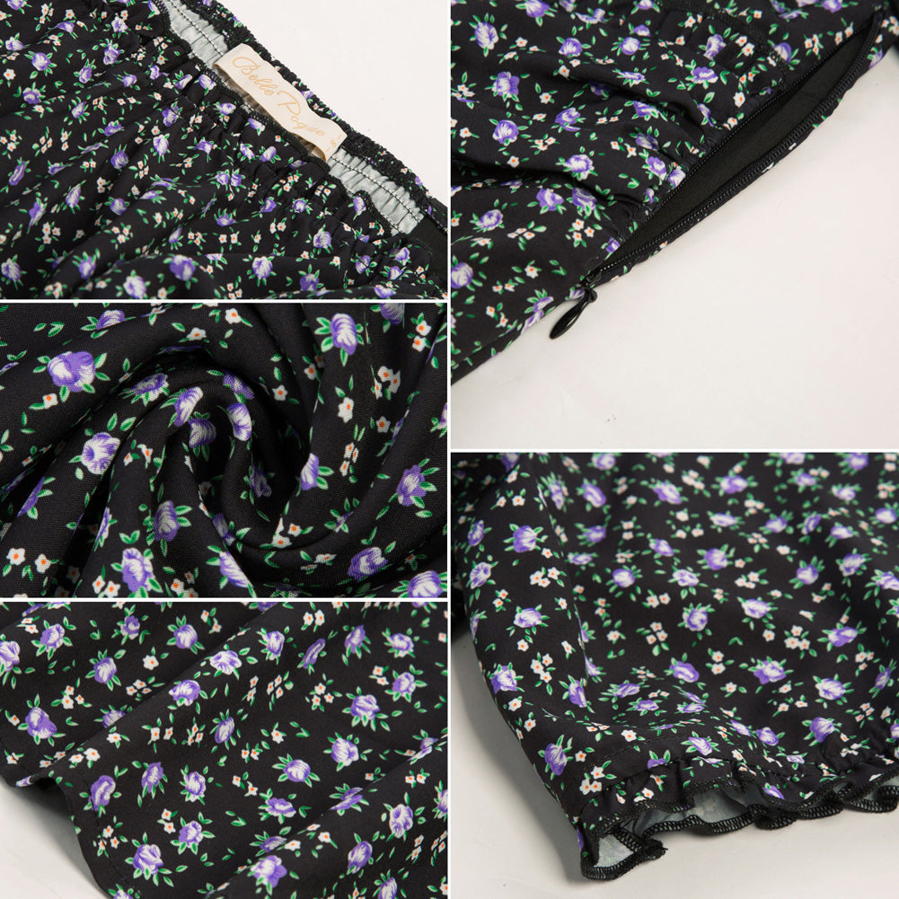 belle poque Floral Printed Two-Way Dress Short Sleeve Square Neck/Off Shoulder A-Line Dress