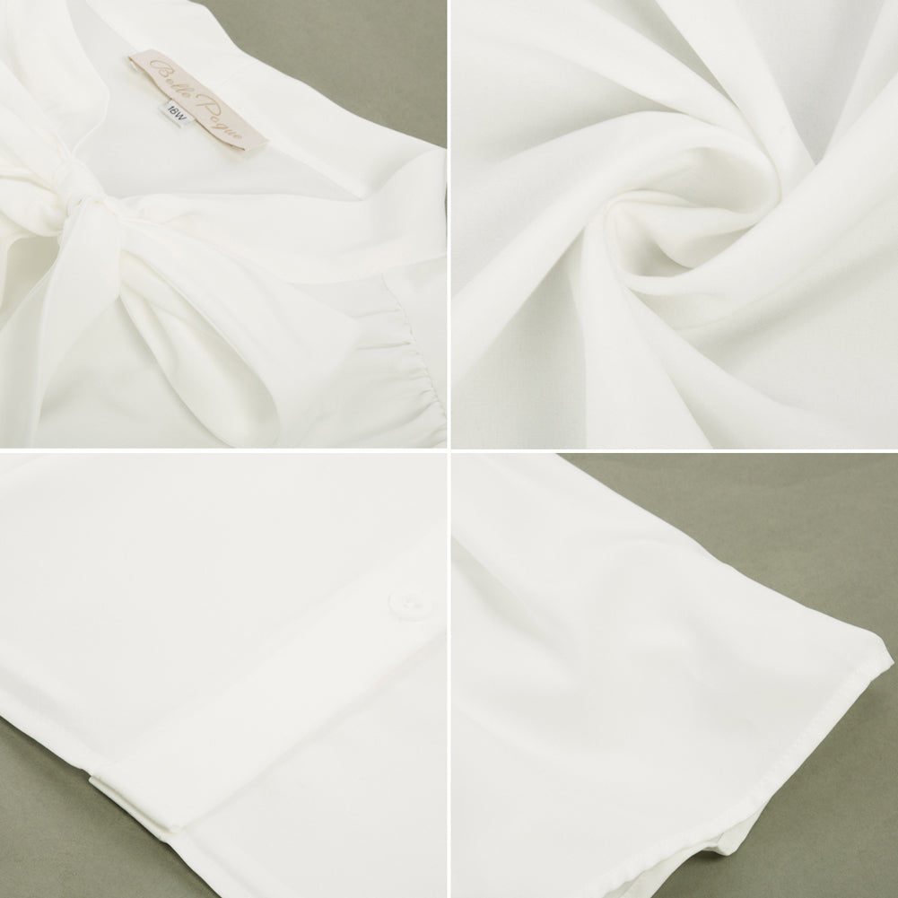 belle poque Plus Size Bow-Knot Decorated Shirt Short Sleeve Button-up Blouse Tops