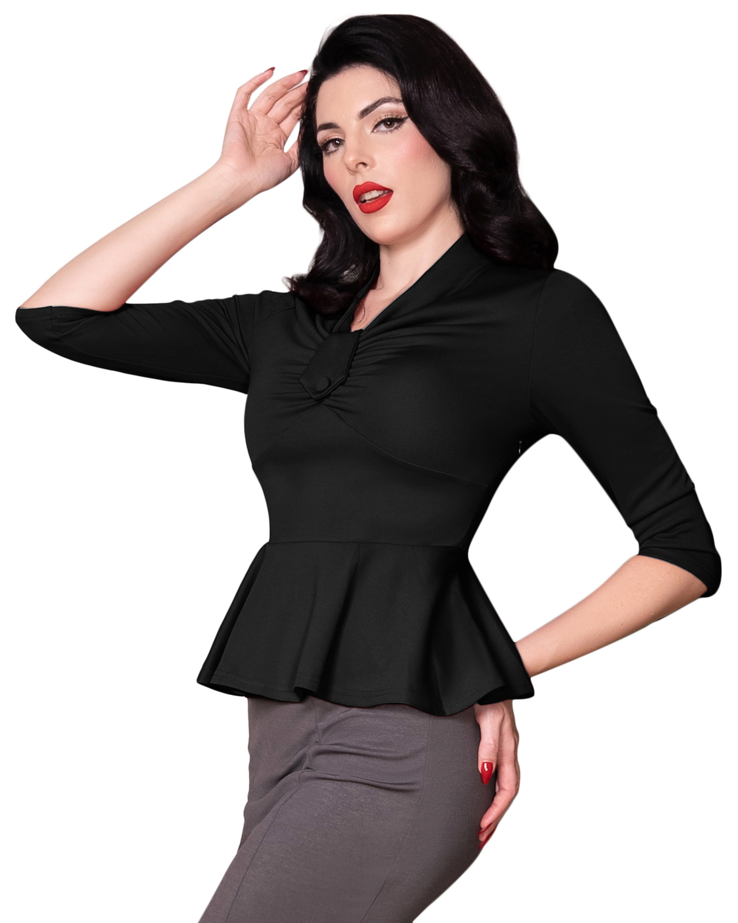 belle poque Seckill Offer⌛Vintage Peplum Hem Tops 3/4 Sleeve V-Neck Ruched Tops