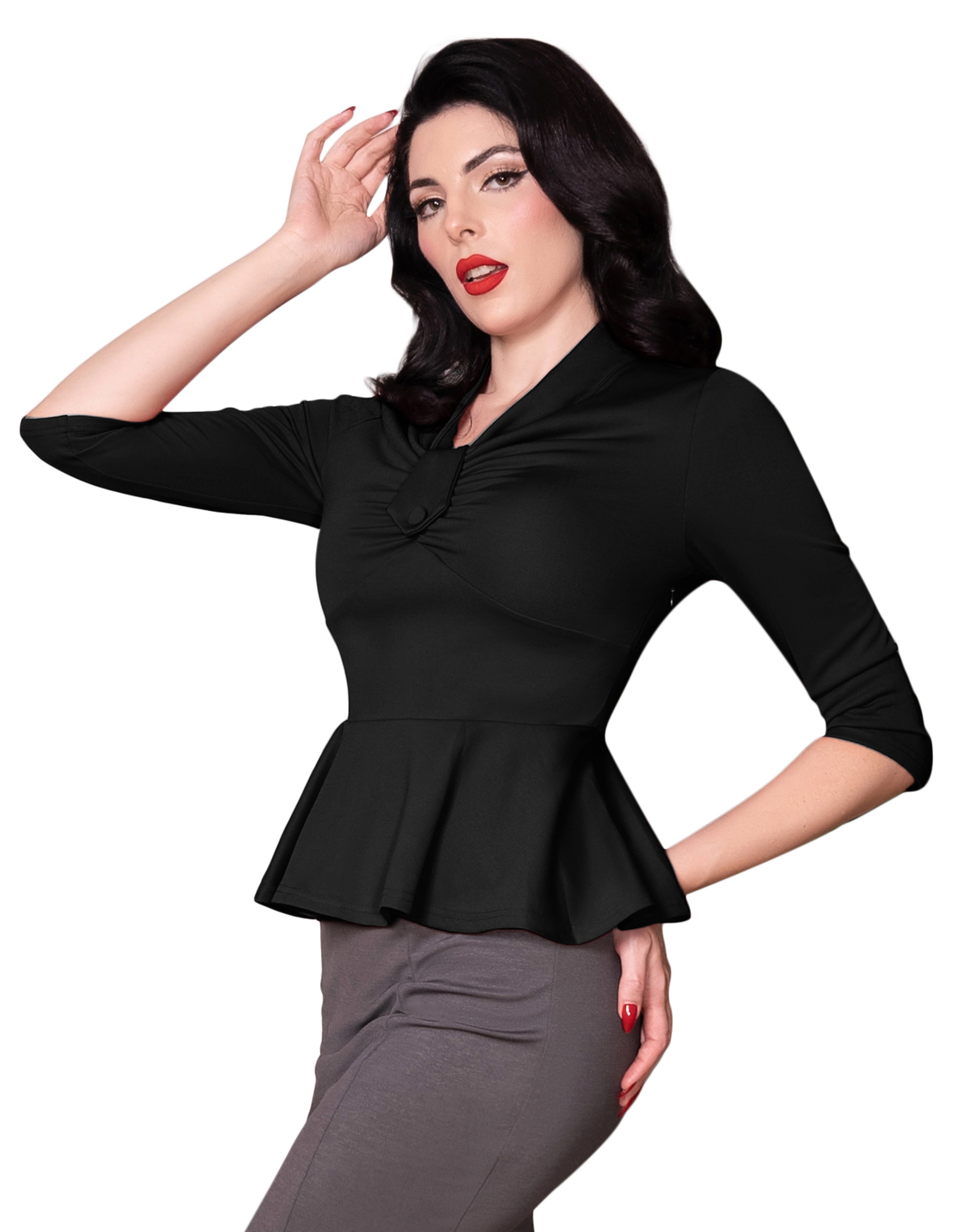 belle poque Seckill Offer⌛Vintage Peplum Hem Tops 3/4 Sleeve V-Neck Ruched Tops