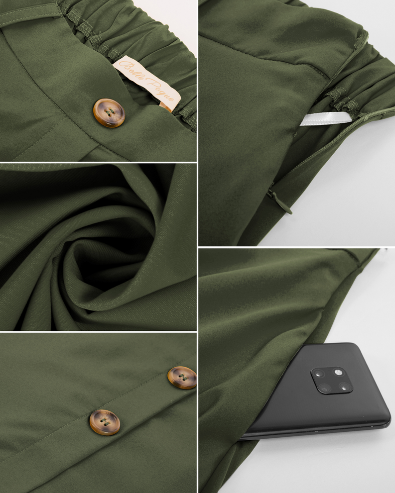 belle poque Swing Skirt with Belt Elastic High Waist Buttons Decorated Skirt