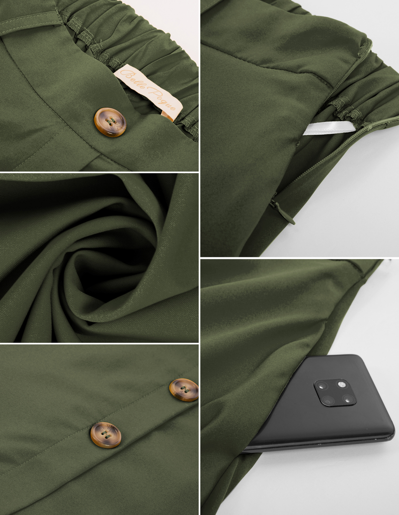 belle poque Swing Skirt with Belt Elastic High Waist Buttons Decorated Skirt