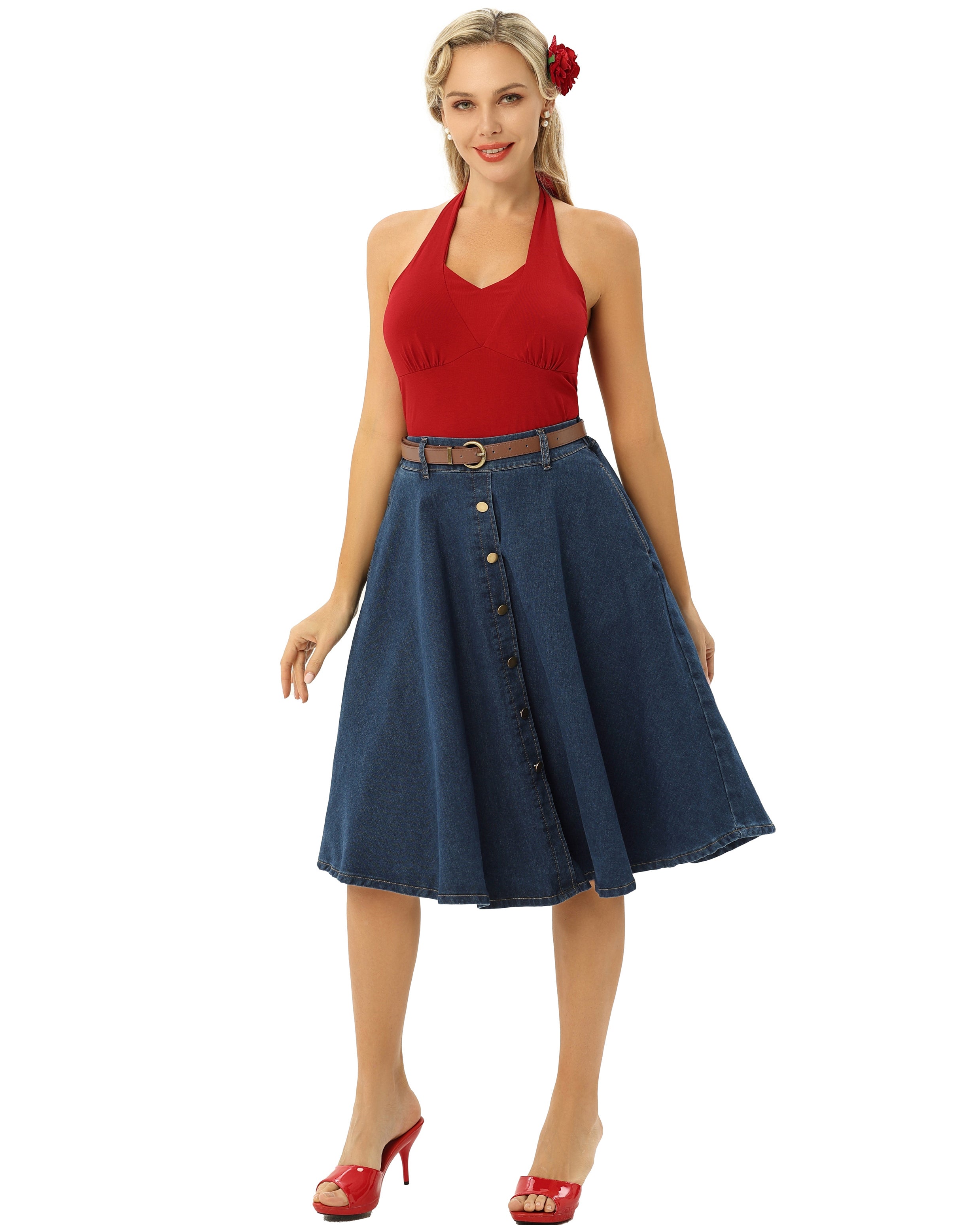 belle poque Jean Skirt with Belt Elastic High Waist A-Line Midi Skirt