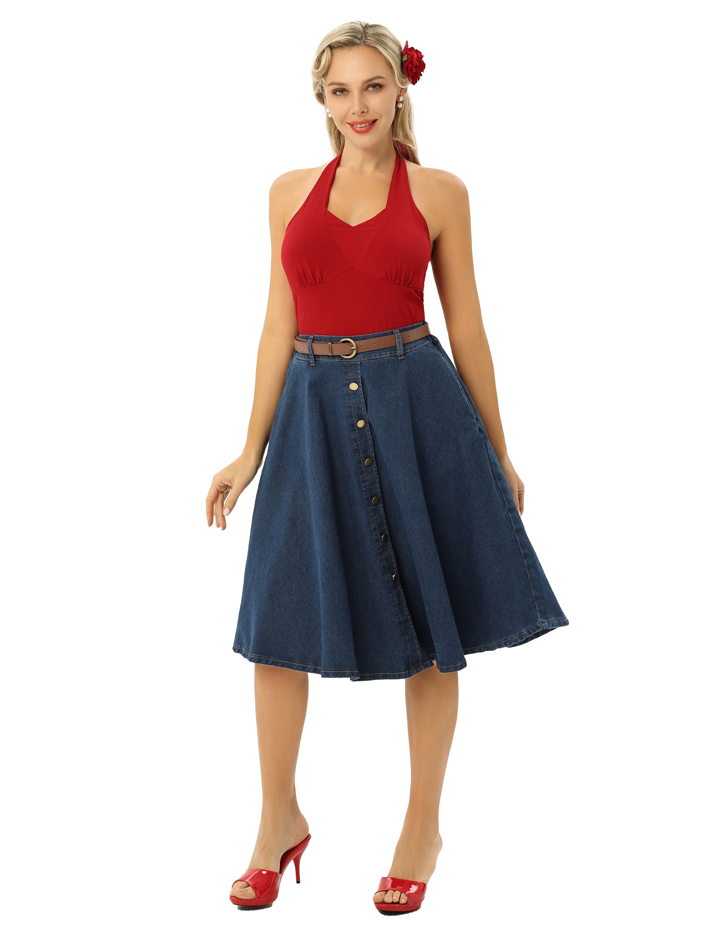 belle poque Jean Skirt with Belt Elastic High Waist A-Line Midi Skirt
