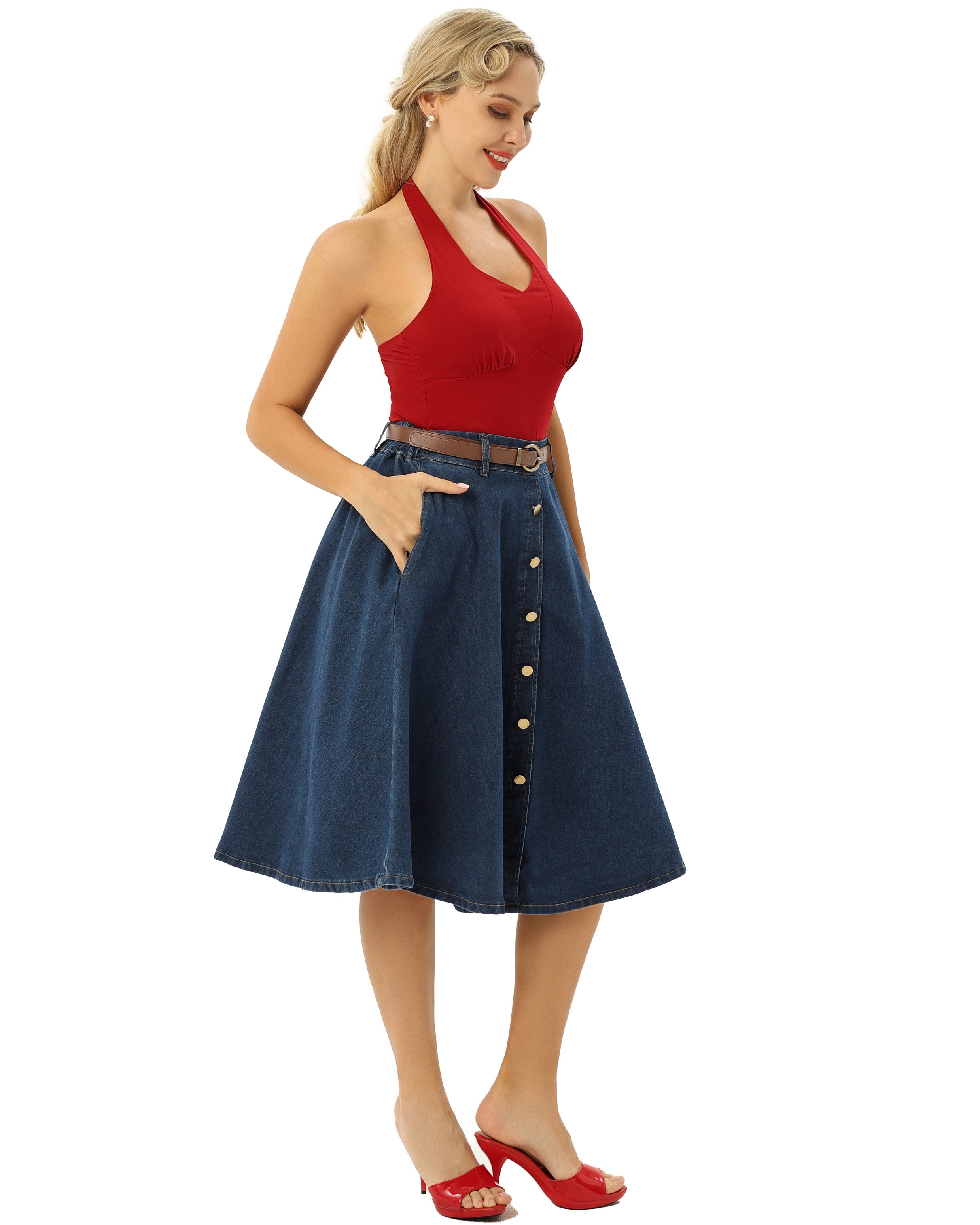 belle poque Jean Skirt with Belt Elastic High Waist A-Line Midi Skirt