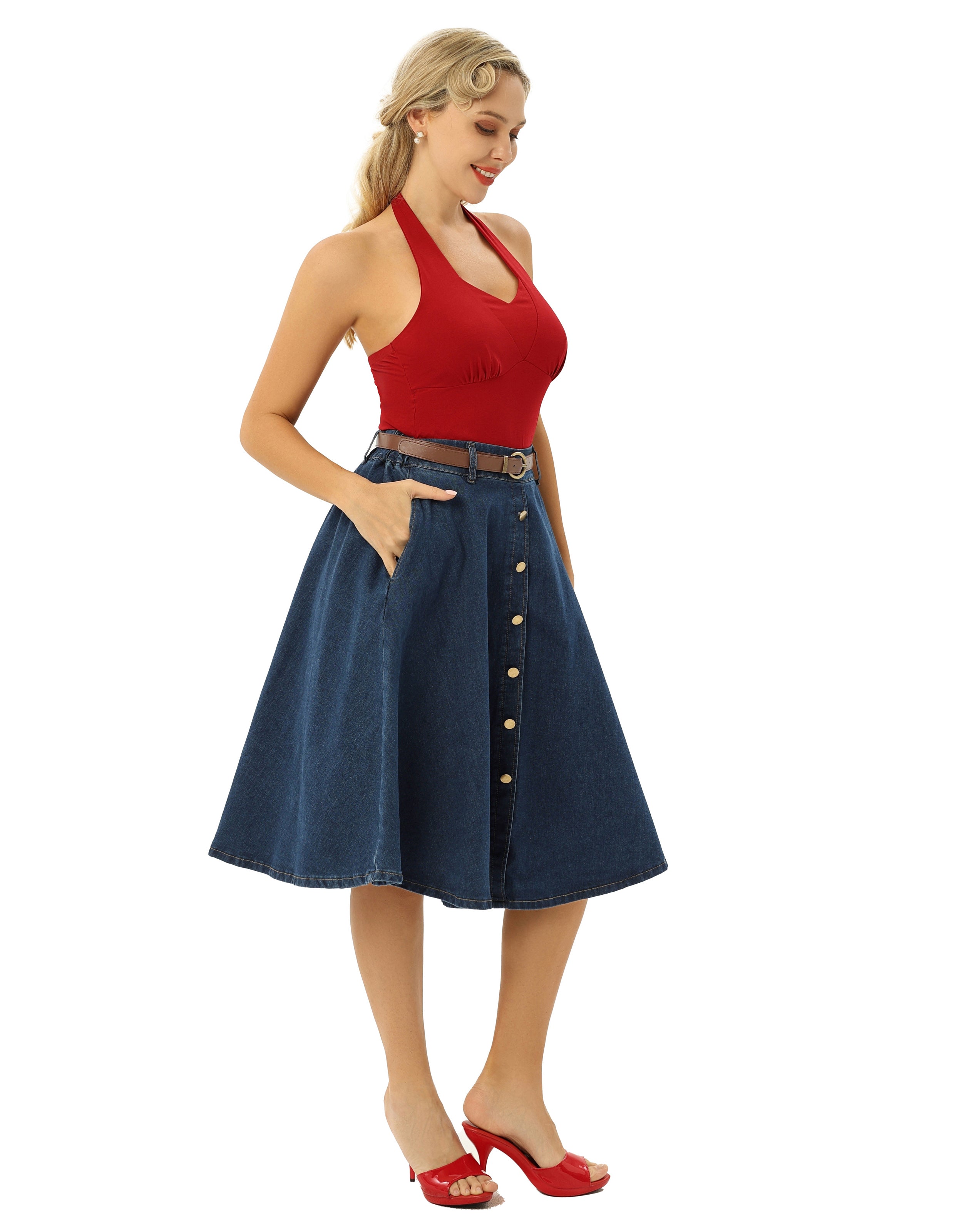 belle poque Jean Skirt with Belt Elastic High Waist A-Line Midi Skirt
