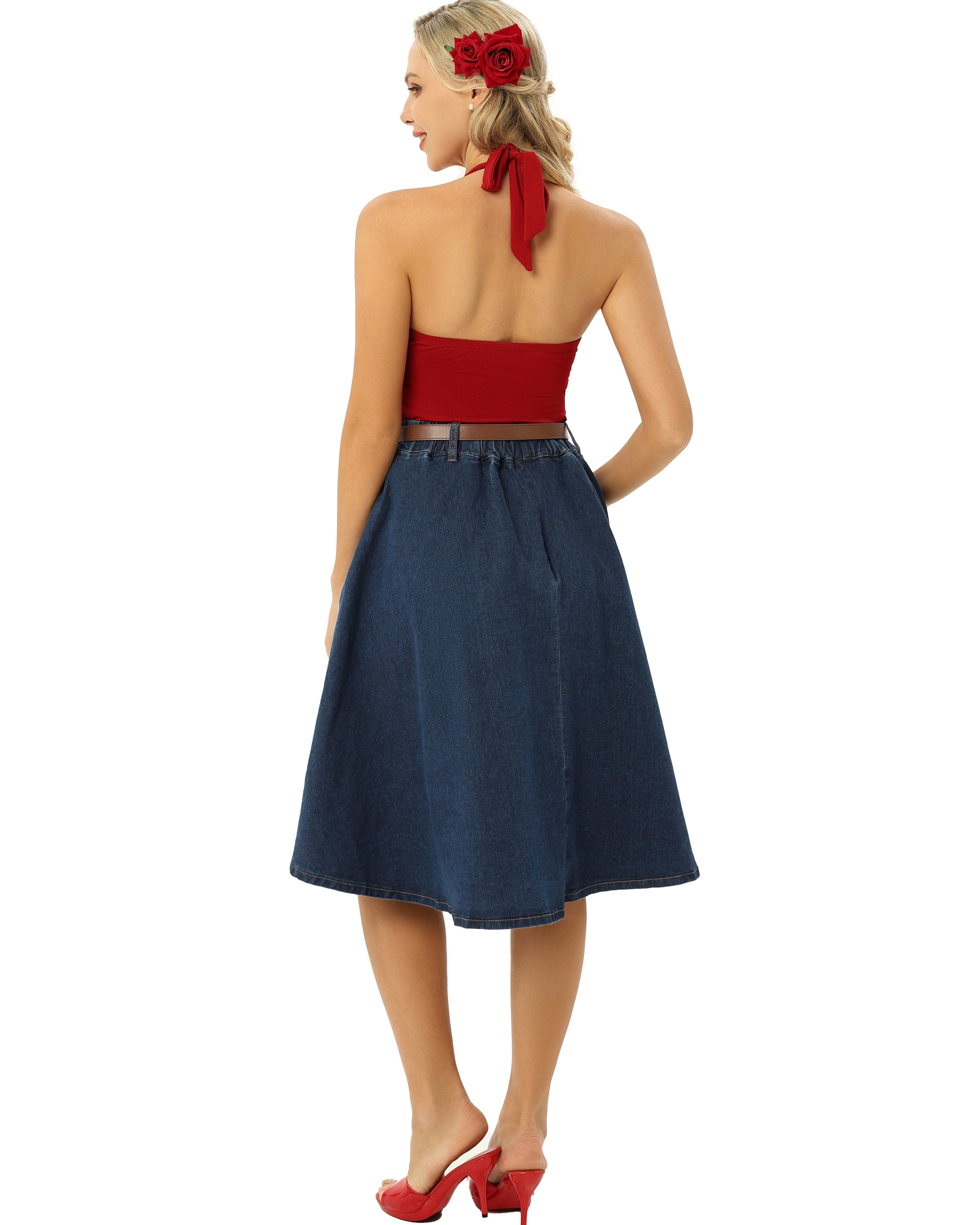 belle poque Jean Skirt with Belt Elastic High Waist A-Line Midi Skirt