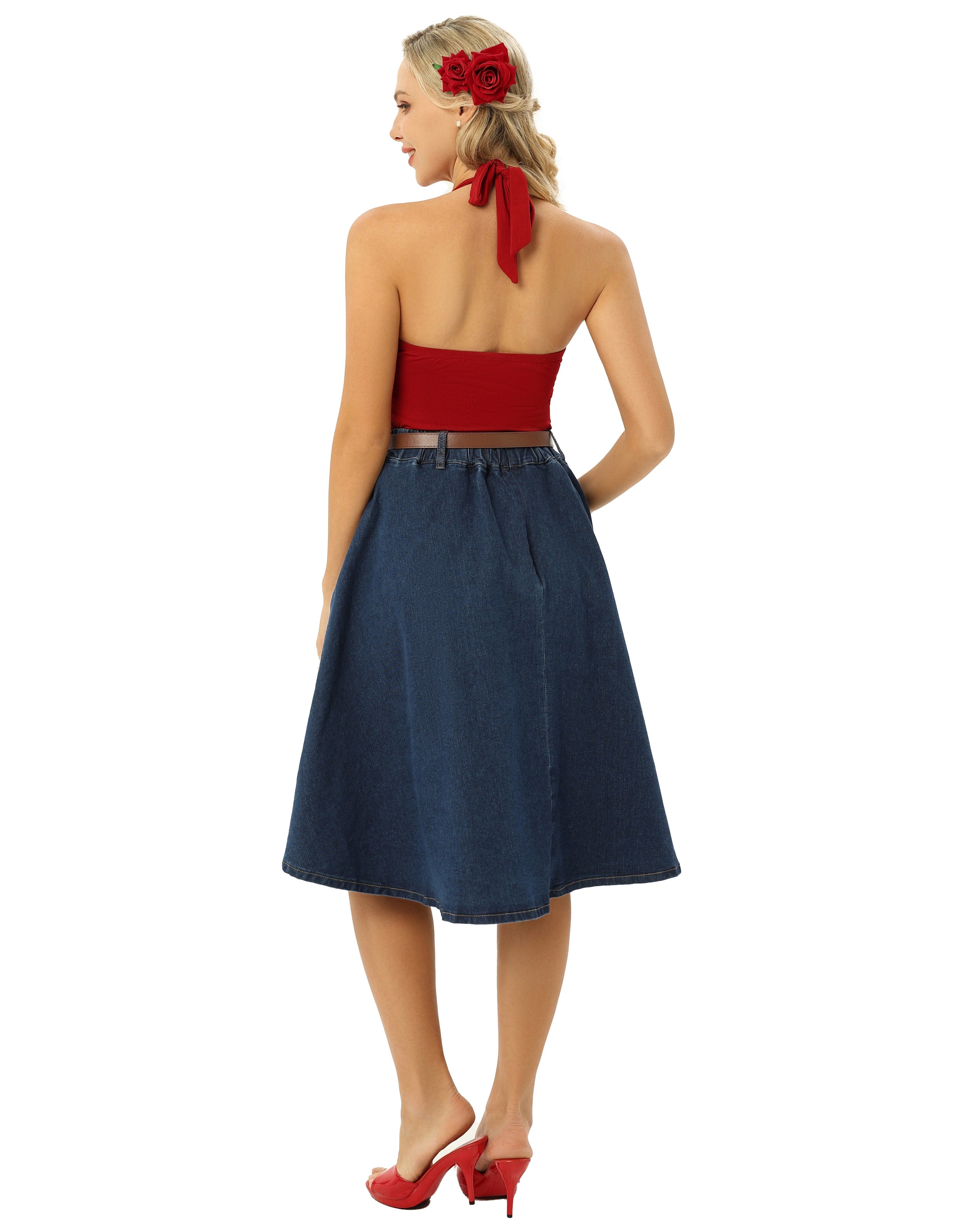 belle poque Jean Skirt with Belt Elastic High Waist A-Line Midi Skirt