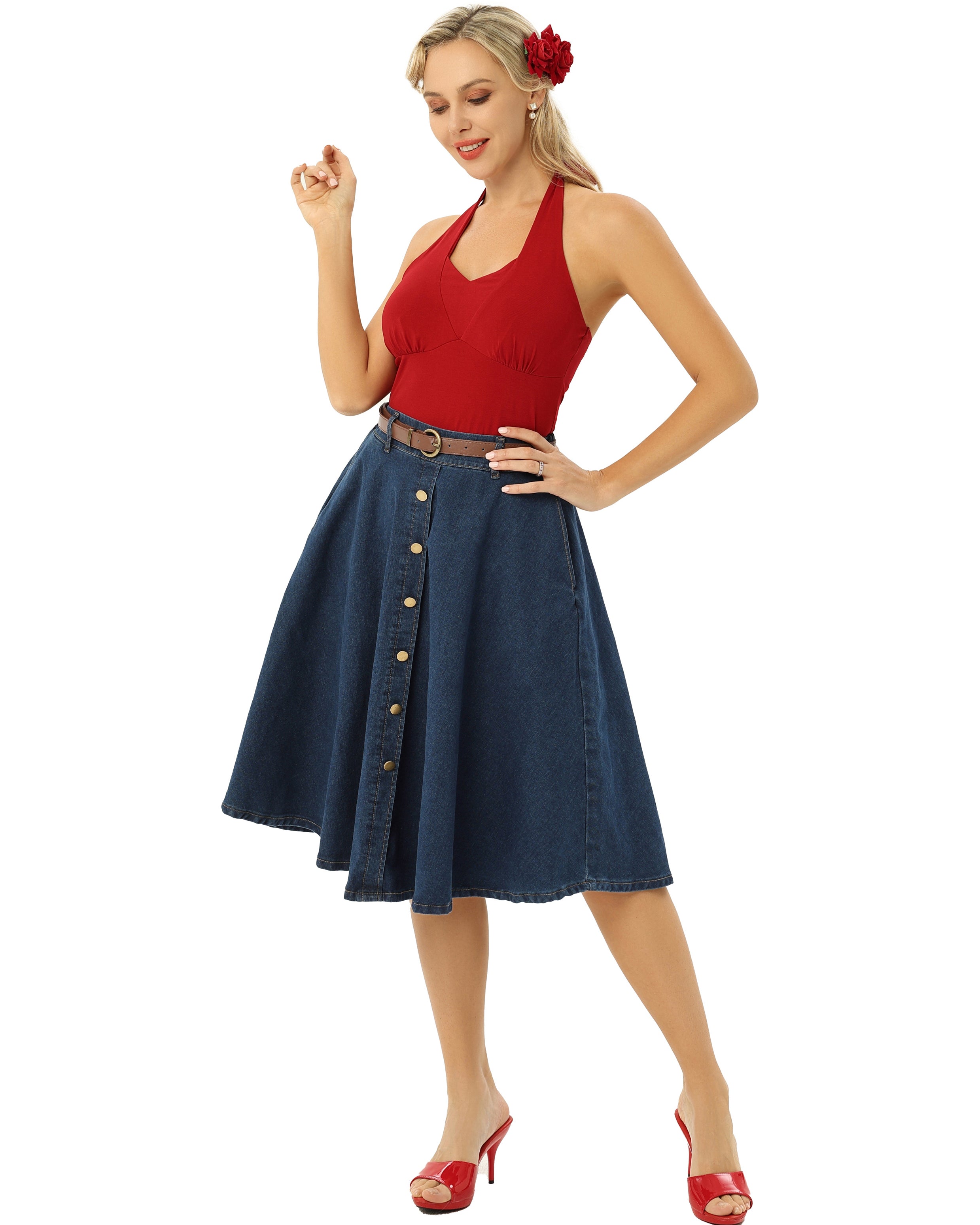 belle poque Jean Skirt with Belt Elastic High Waist A-Line Midi Skirt