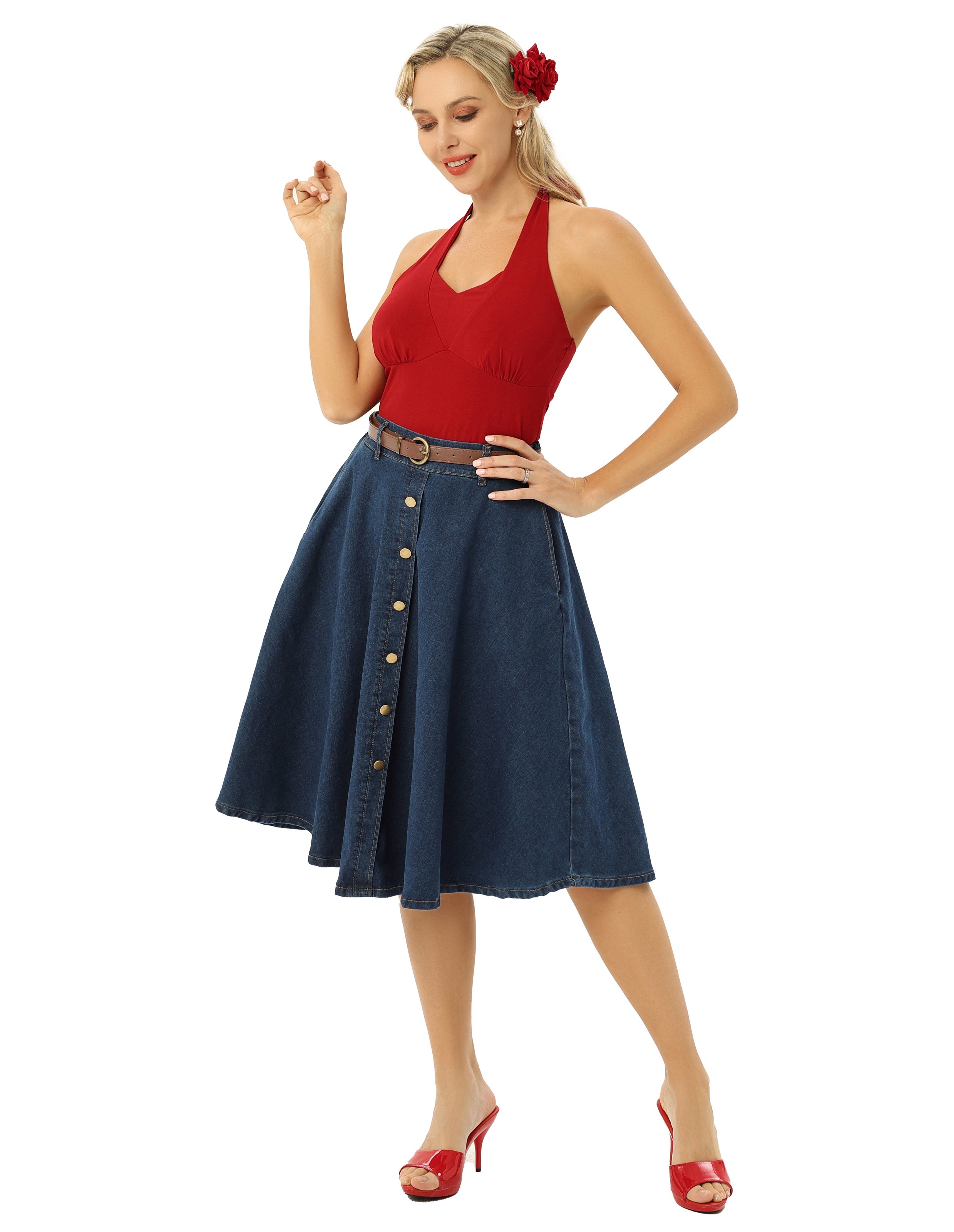 belle poque Jean Skirt with Belt Elastic High Waist A-Line Midi Skirt