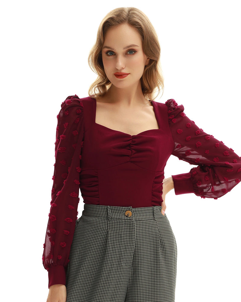 belle poque Seckill Offer⌛Vintage See-Through Patchwork Puffed Long Sleeve V-Neck Blouse