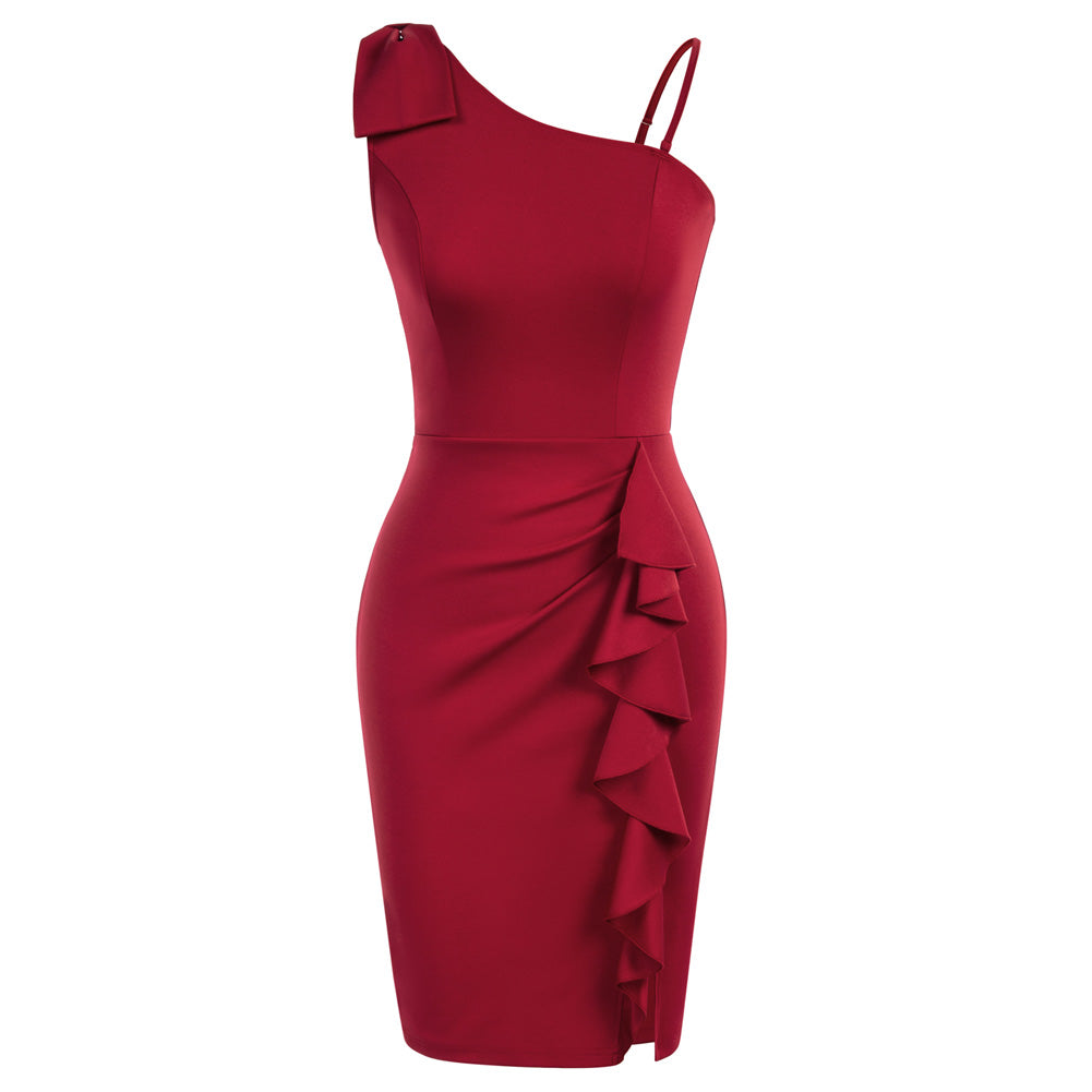 belle poque Women One Shoulder Dress Ruffle Decorated Front Slit Bodycon Dress Red