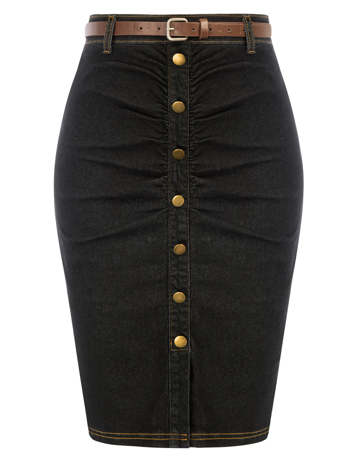 belle poque Vintage Jean Skirt with Belt High Waist Ruched Front Bodycon Skirt Black