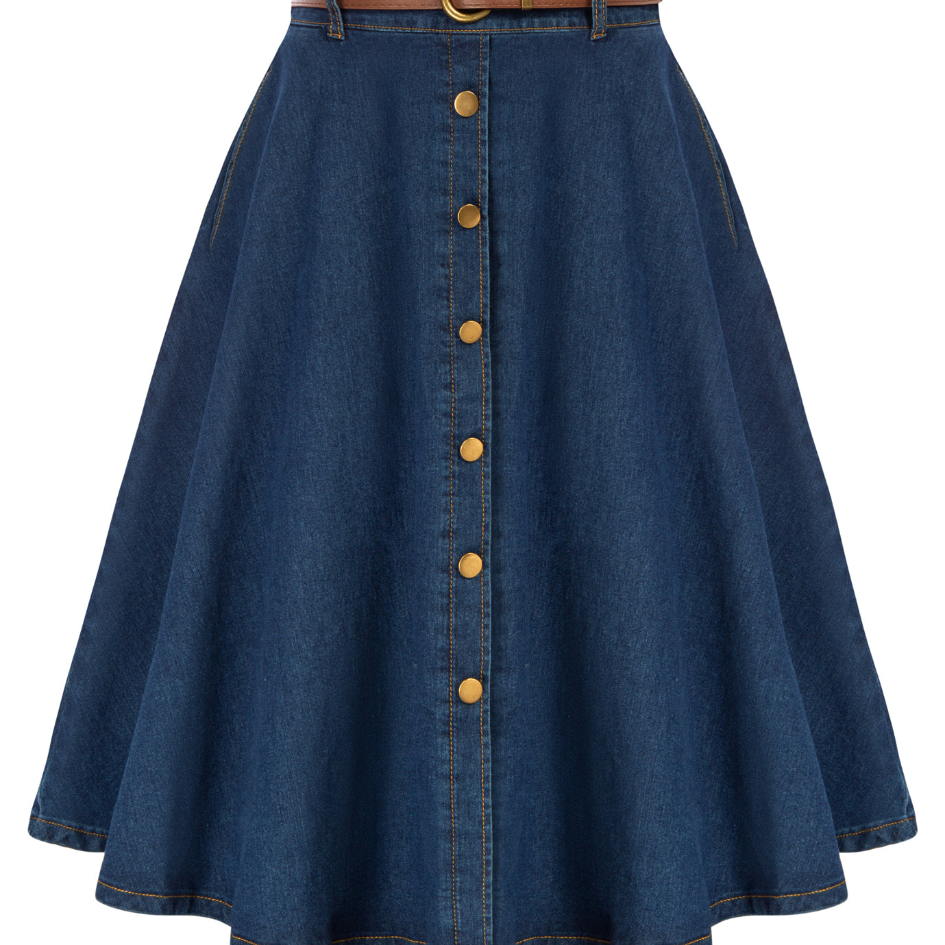 belle poque Jean Skirt with Belt Elastic High Waist A-Line Midi Skirt Dark Blue