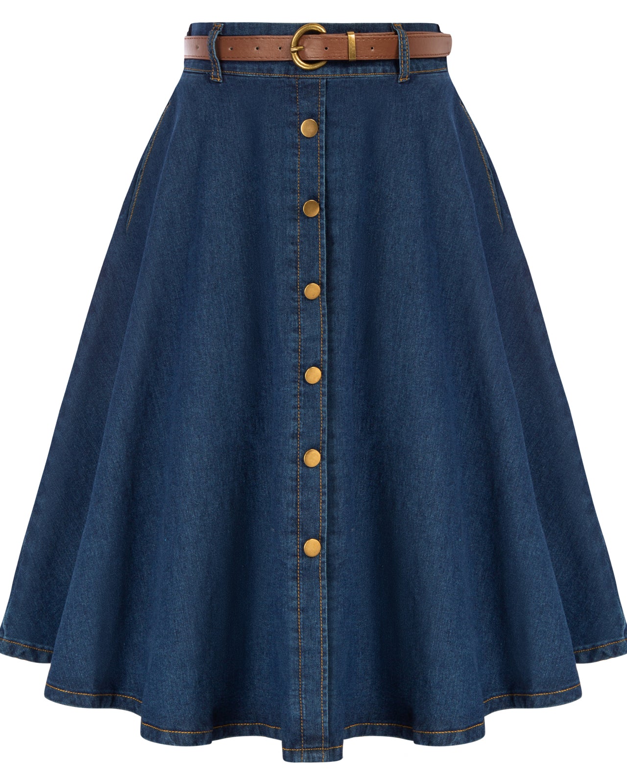 belle poque Jean Skirt with Belt Elastic High Waist A-Line Midi Skirt Dark Blue