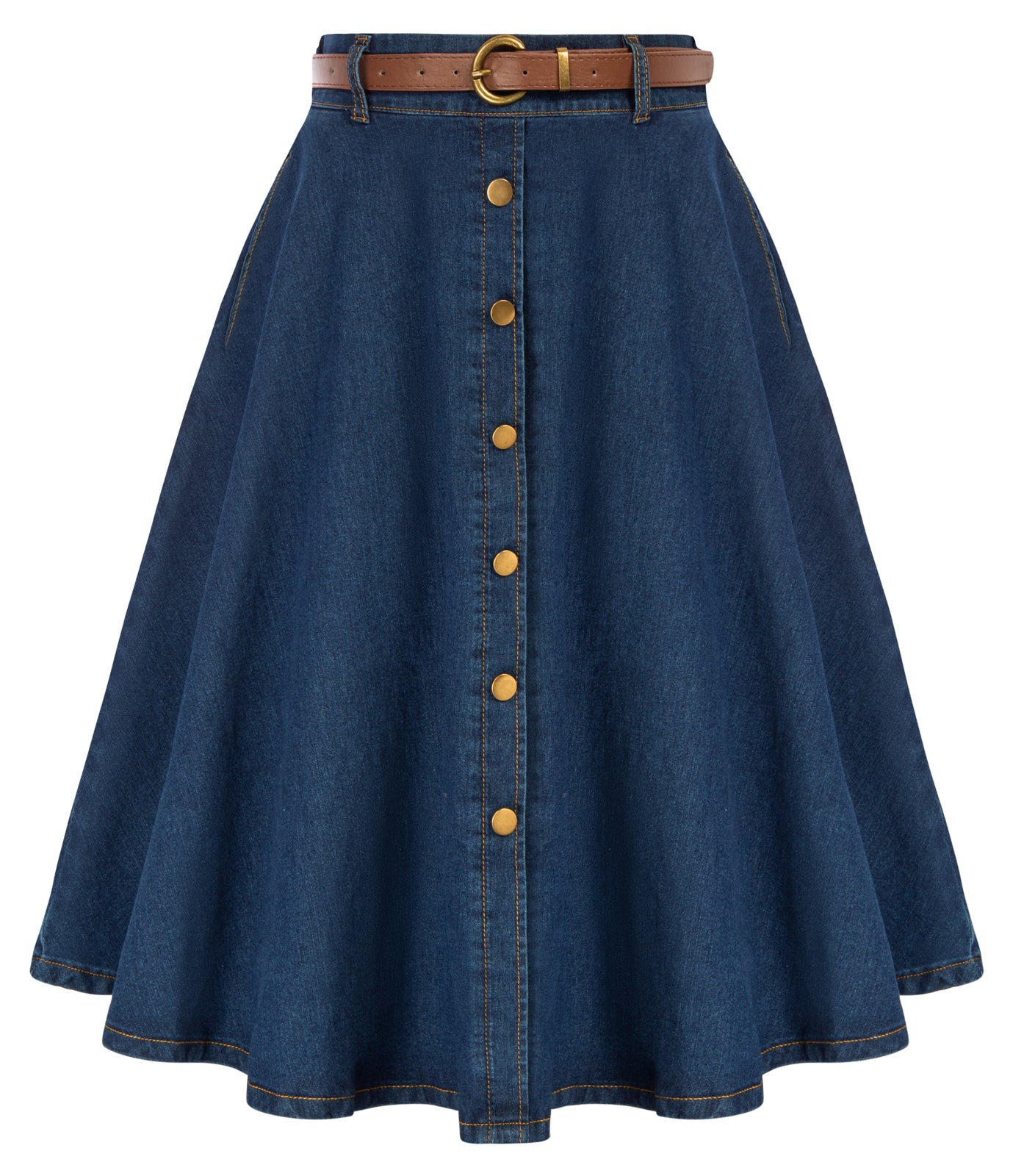 belle poque Jean Skirt with Belt Elastic High Waist A-Line Midi Skirt Dark Blue