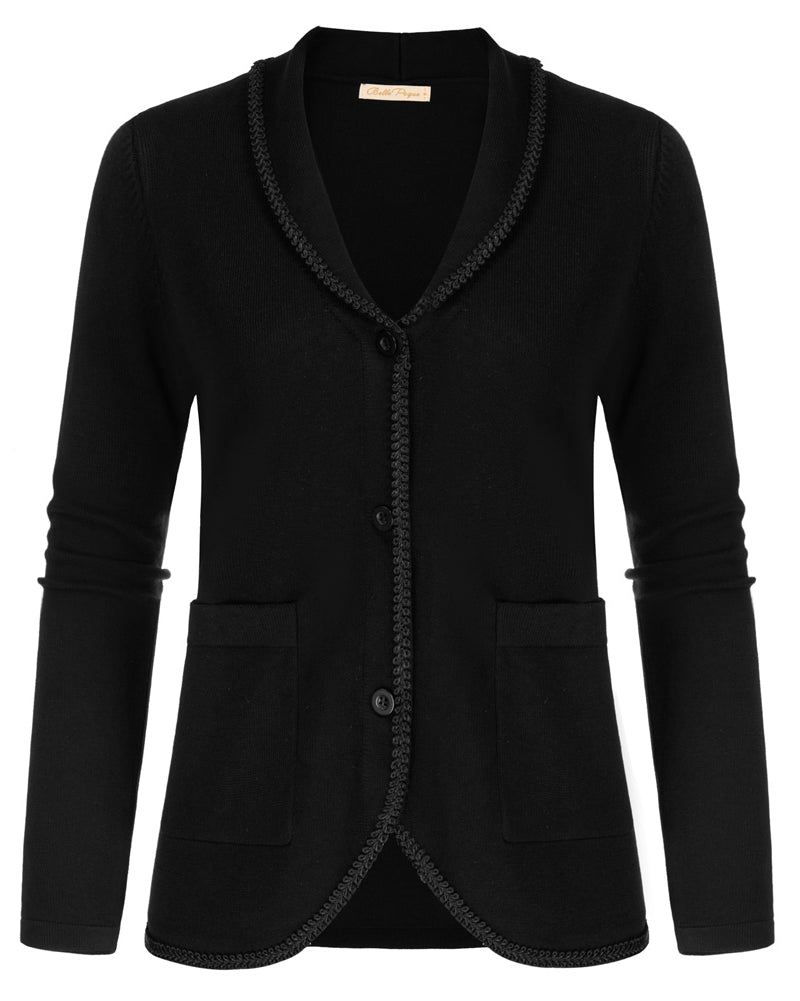 belle poque Vintage Shawl Lapel Cardigan Sweater Long Sleeve Knitted Blazer Coat