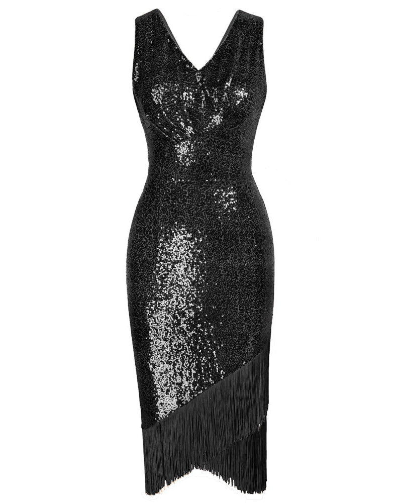 belle poque Seckill Offer⌛Sequined Sleeveless V-Neck Tassel Decorated Wrap Hem Party Dress Black