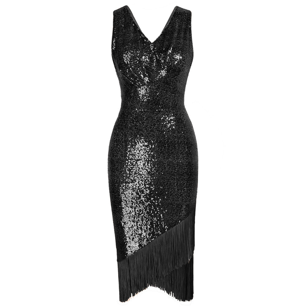 belle poque Seckill Offer⌛Sequined Sleeveless V-Neck Tassel Decorated Wrap Hem Party Dress Black