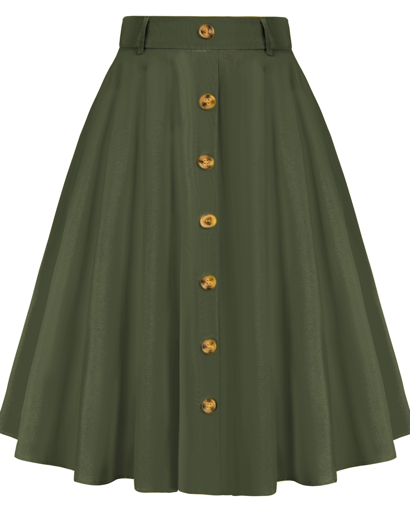 belle poque Swing Skirt with Belt Elastic High Waist Buttons Decorated Skirt