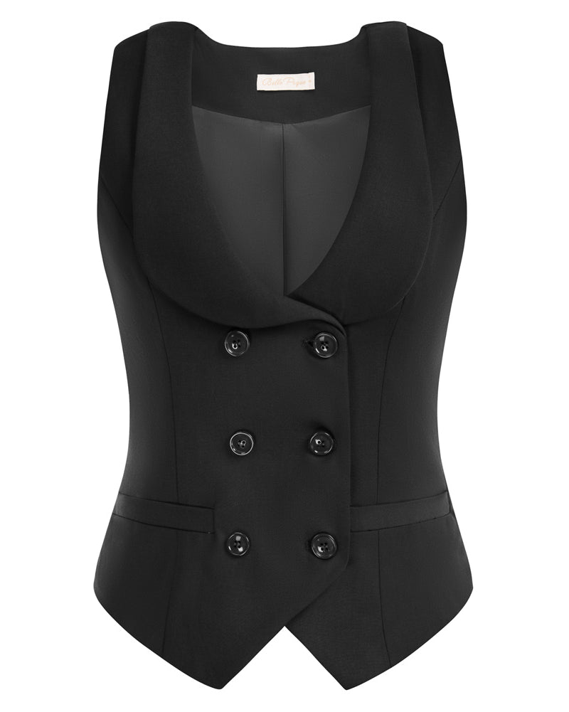 belle poque Double Breasted Waistcoat Vintage Lapel Collar Vest Coat with 2 Pockets Black