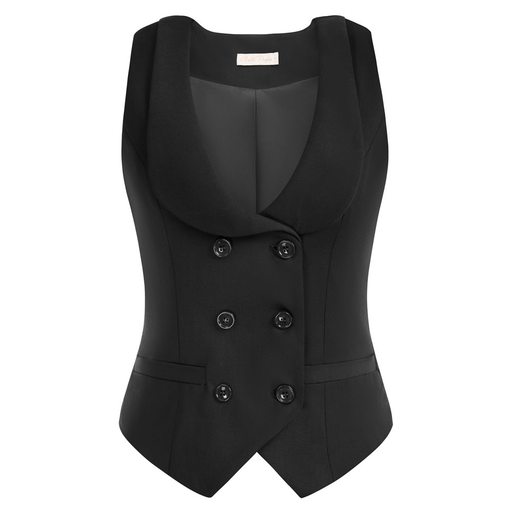 belle poque Double Breasted Waistcoat Vintage Lapel Collar Vest Coat with 2 Pockets Black