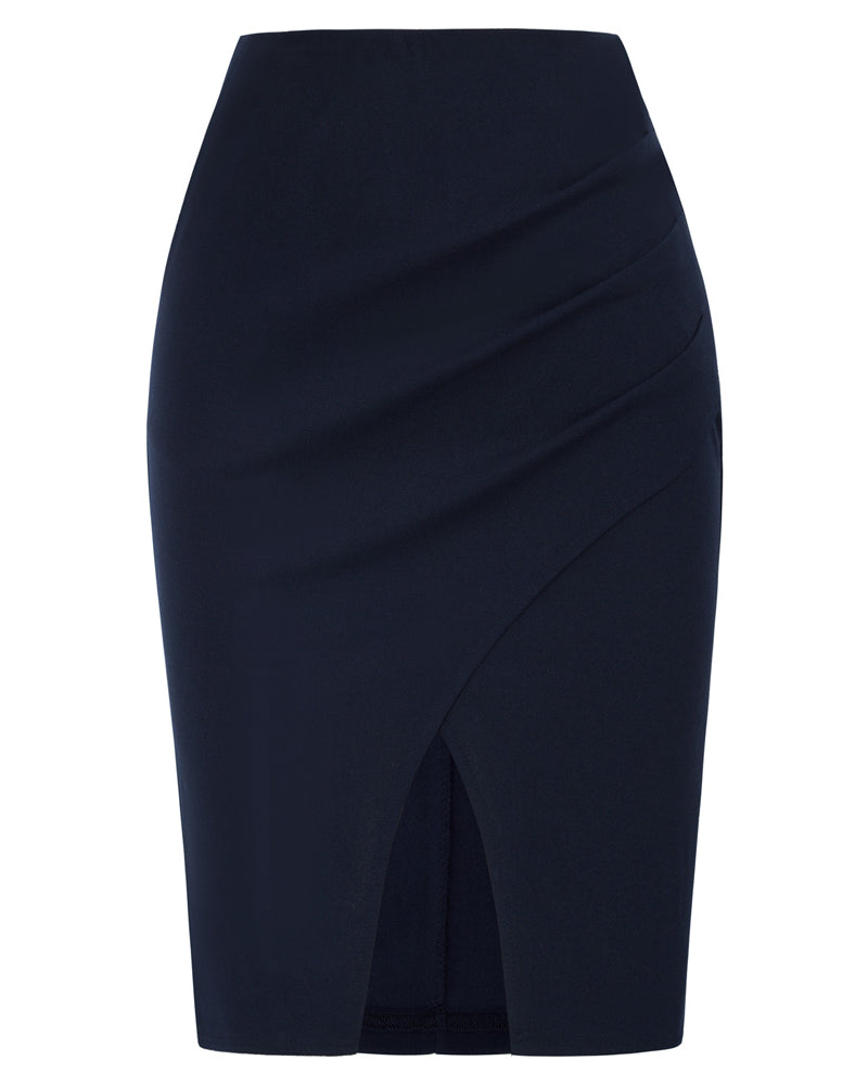 belle poque Seckill Offer⌛Vintage Wrap Front Skirt Elastic High Waist Ruched Bodycon Skirt Navy Blue