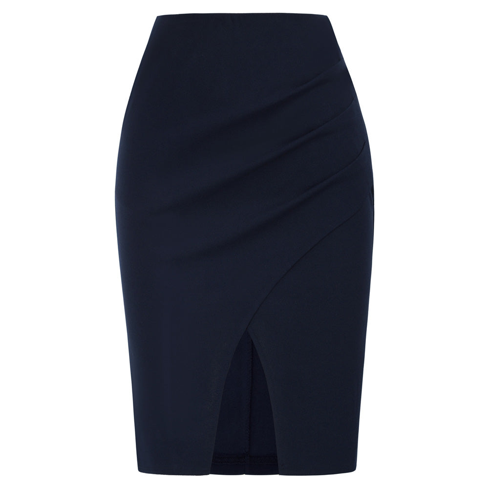 belle poque Seckill Offer⌛Vintage Wrap Front Skirt Elastic High Waist Ruched Bodycon Skirt Navy Blue