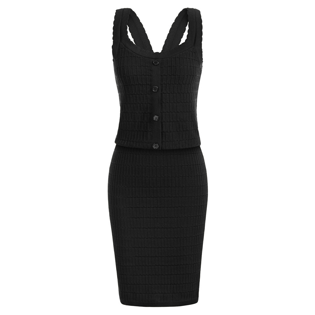 belle poque Vintage Jacquard Textured Outfits U-Neck Tops+Above Knee Skirt Knitwear Black