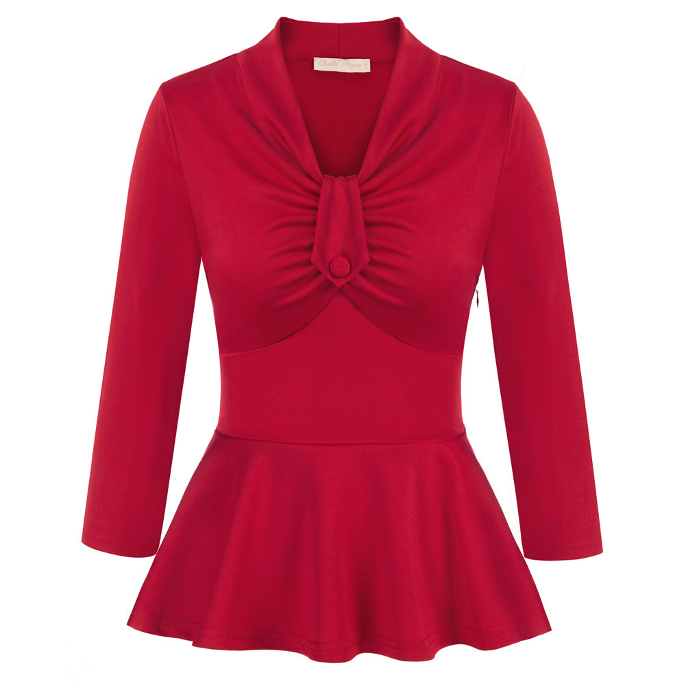 belle poque Seckill Offer⌛Vintage Peplum Hem Tops 3/4 Sleeve V-Neck Ruched Tops Red