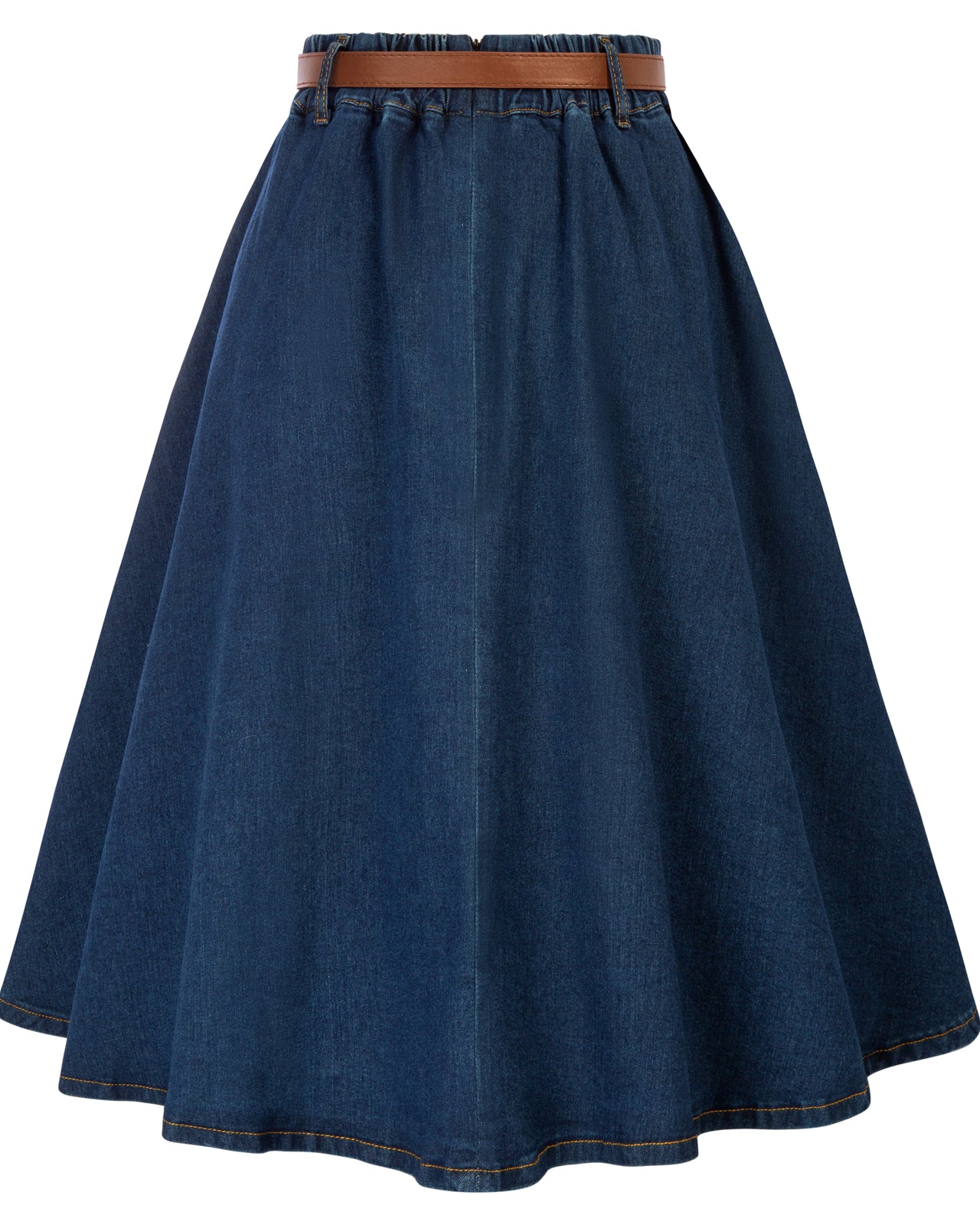 belle poque Jean Skirt with Belt Elastic High Waist A-Line Midi Skirt
