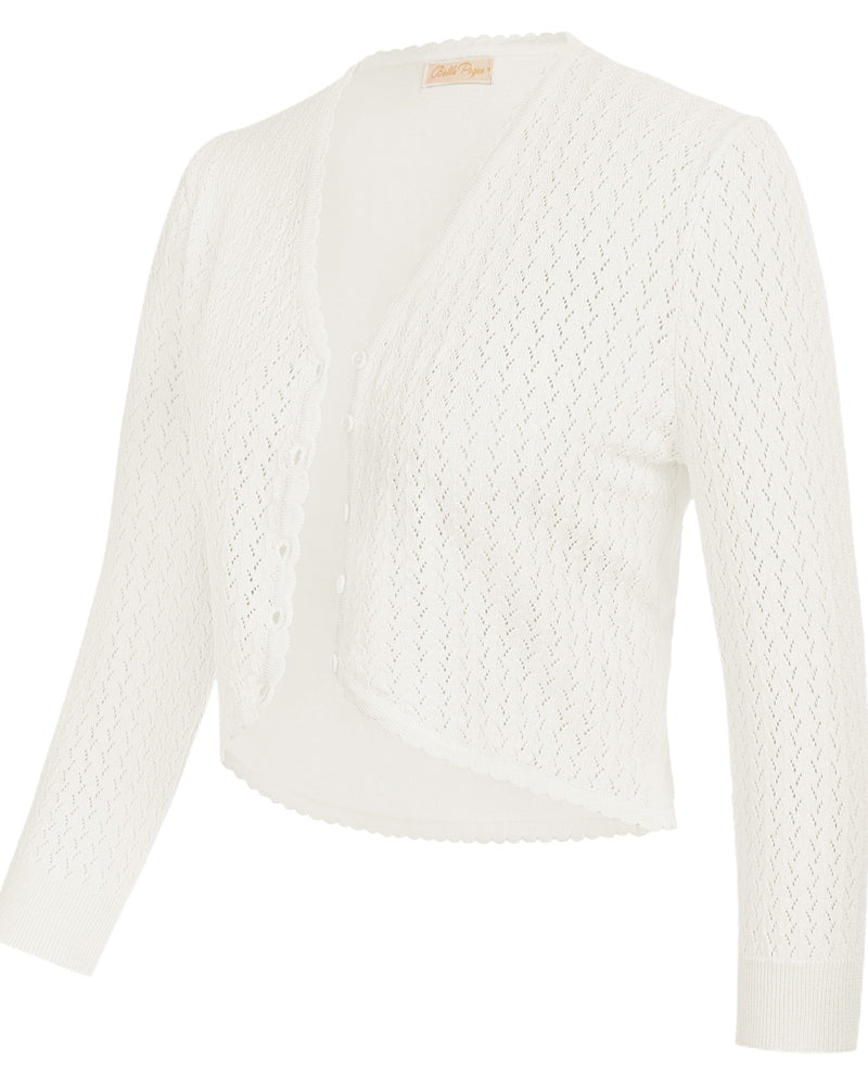 belle poque Hollowed-Out Cardigan 3/4 Sleeve V-Neck Button-up Cropped Knitwear