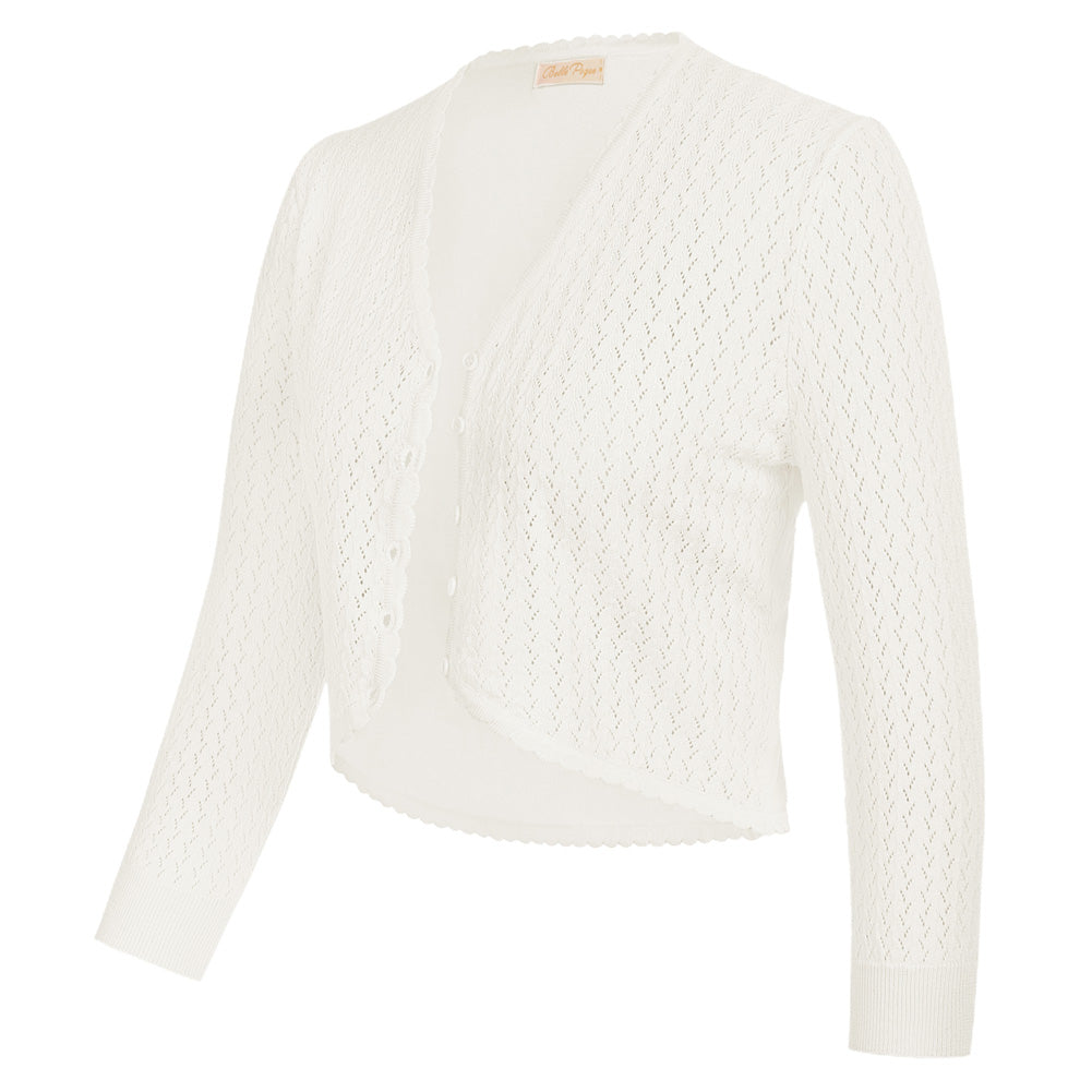 belle poque Hollowed-Out Cardigan 3/4 Sleeve V-Neck Button-up Cropped Knitwear