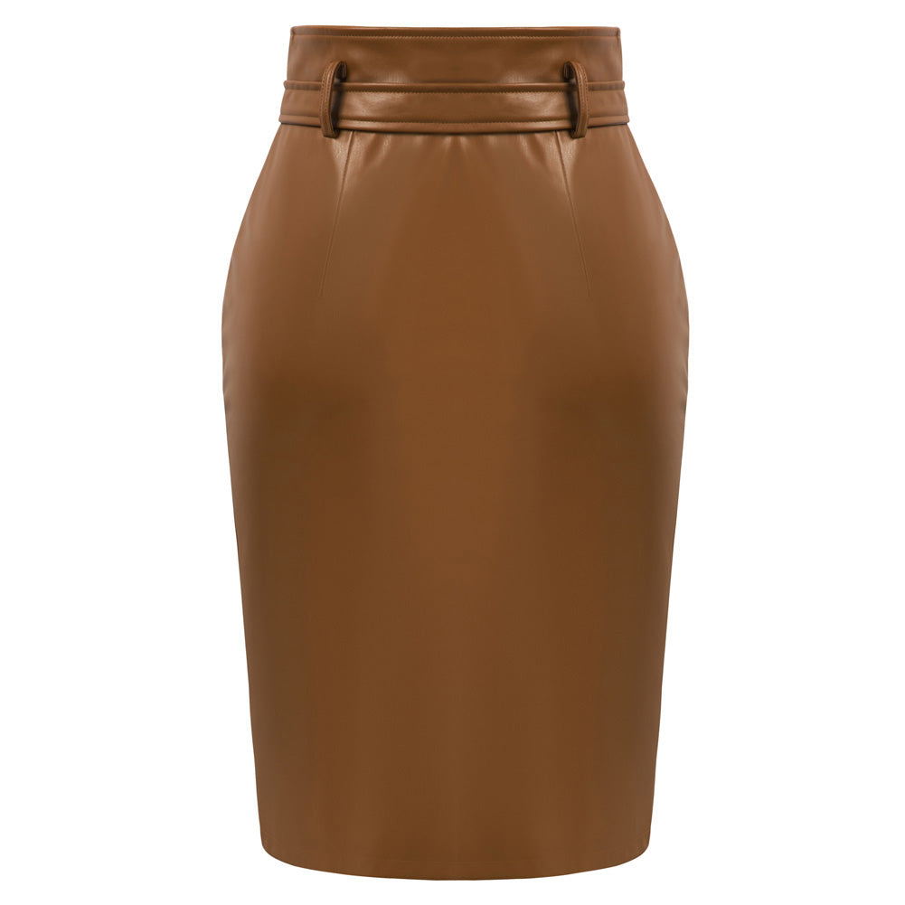 belle poque Vintage PU Leather Skirt with Belt High Waist Front Slit Bodycon Skirt=