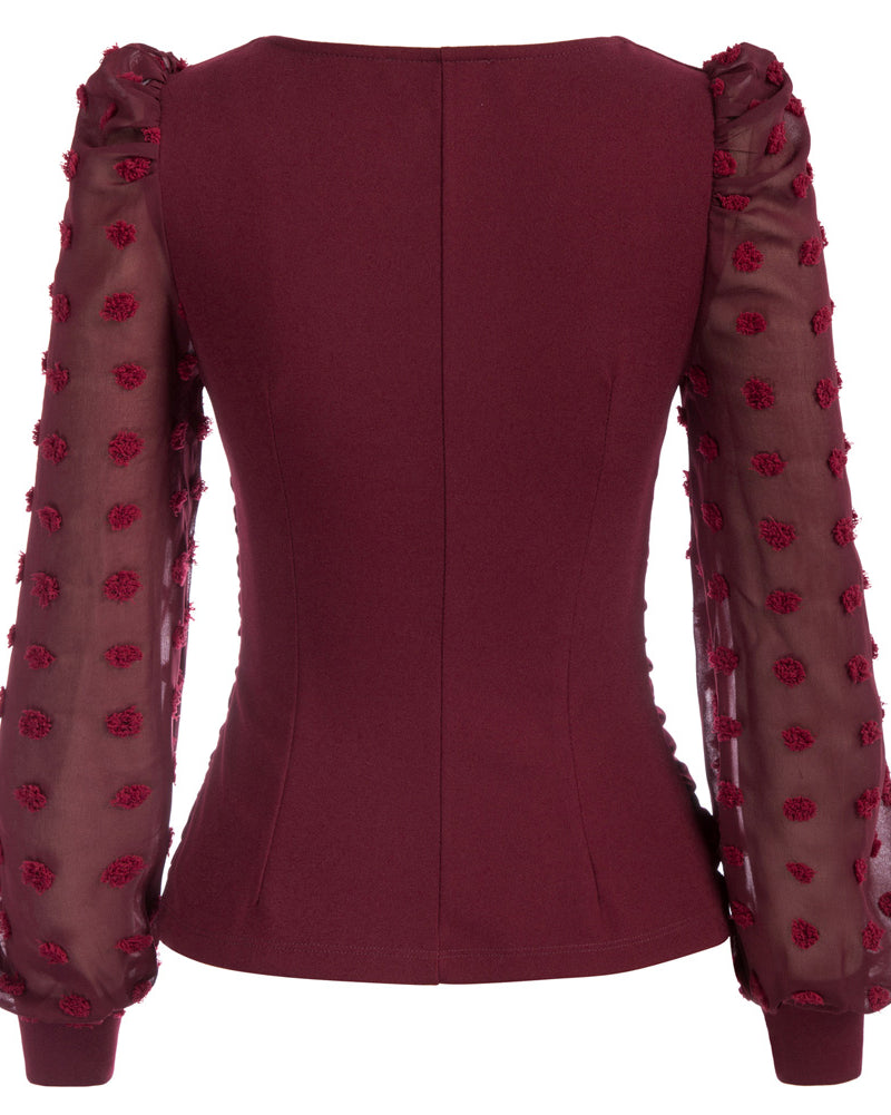 belle poque Seckill Offer⌛Vintage See-Through Patchwork Puffed Long Sleeve V-Neck Blouse