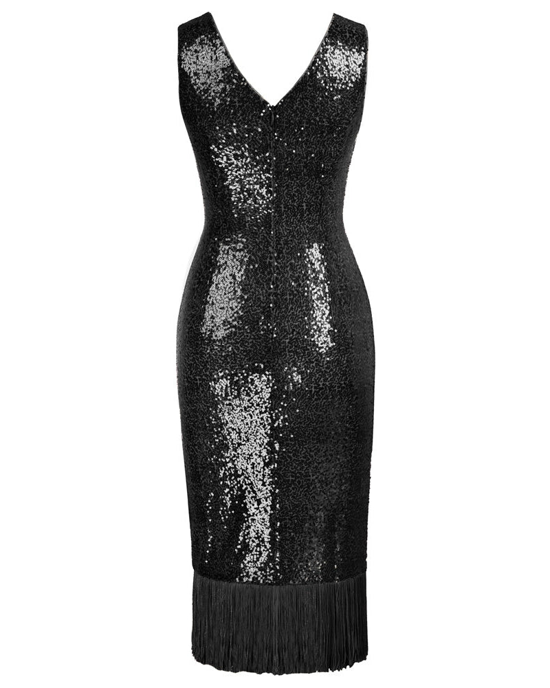 belle poque Seckill Offer⌛Sequined Sleeveless V-Neck Tassel Decorated Wrap Hem Party Dress