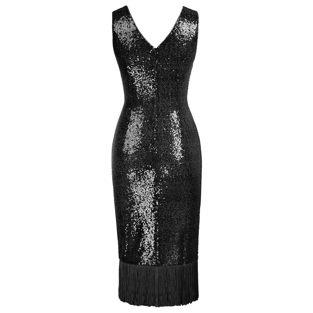 belle poque Seckill Offer⌛Sequined Sleeveless V-Neck Tassel Decorated Wrap Hem Party Dress