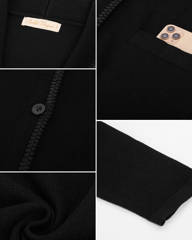 belle poque Vintage Shawl Lapel Cardigan Sweater Long Sleeve Knitted Blazer Coat