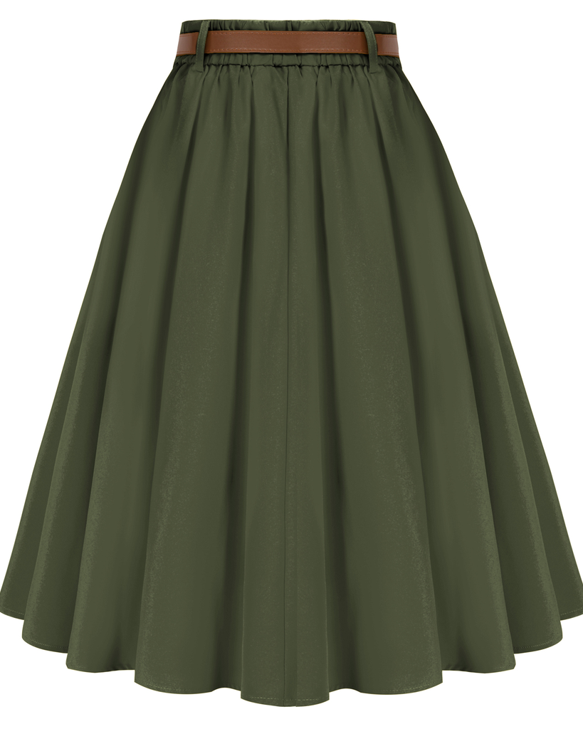 belle poque Swing Skirt with Belt Elastic High Waist Buttons Decorated Skirt