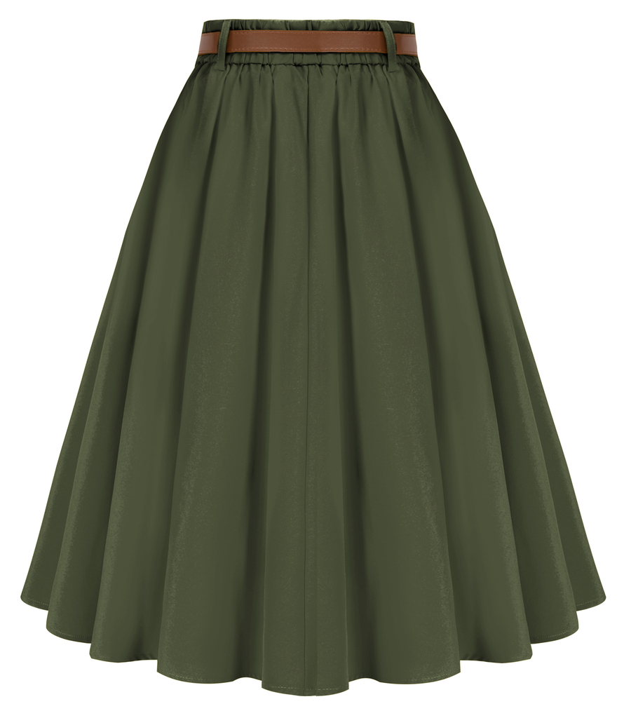 belle poque Swing Skirt with Belt Elastic High Waist Buttons Decorated Skirt
