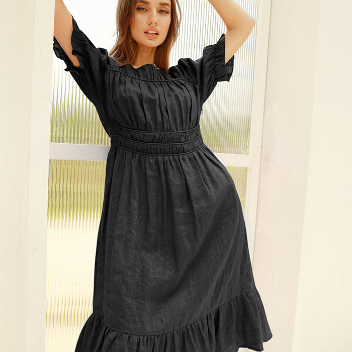 belle poque Frieeah Elastic Waist Puffed Dress Black